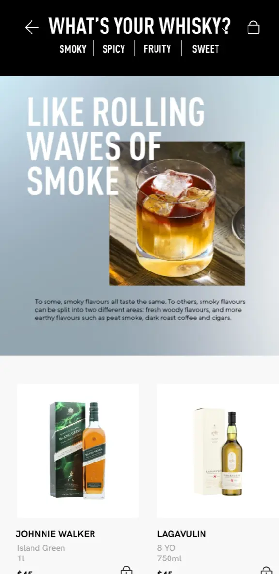 Whisky flavour discovery feature filtering by smoky profile, showing Johnnie Walker Island Green and Lagavulin recommendations.