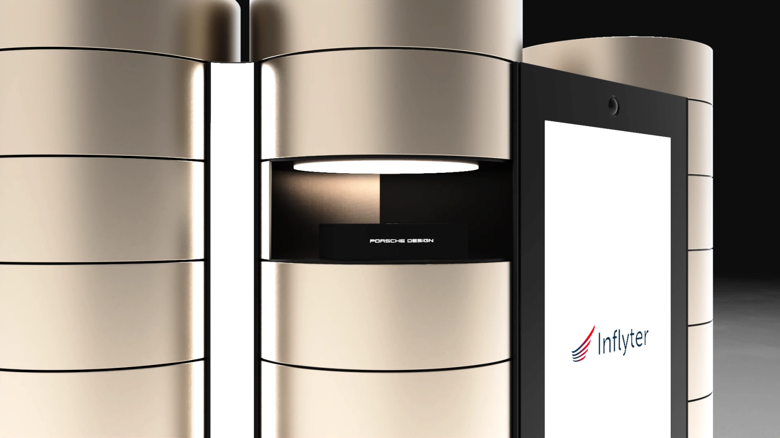 Top-down view of the cylindrical locker compartments with gold-rimmed lids.