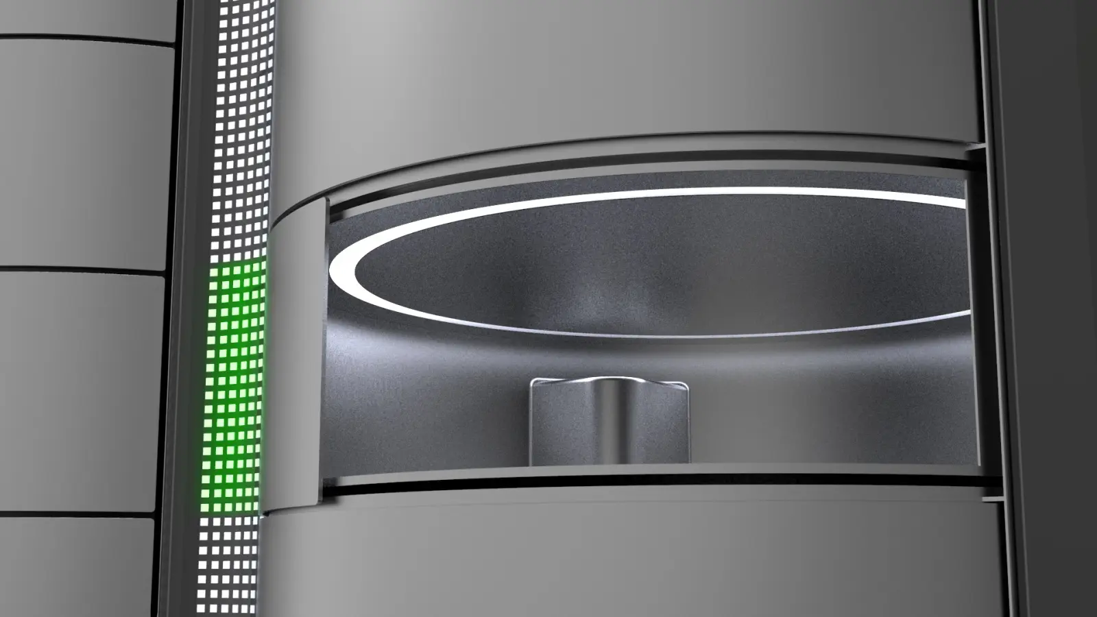 Open locker compartment with interior LED ring light and green LED status strip.