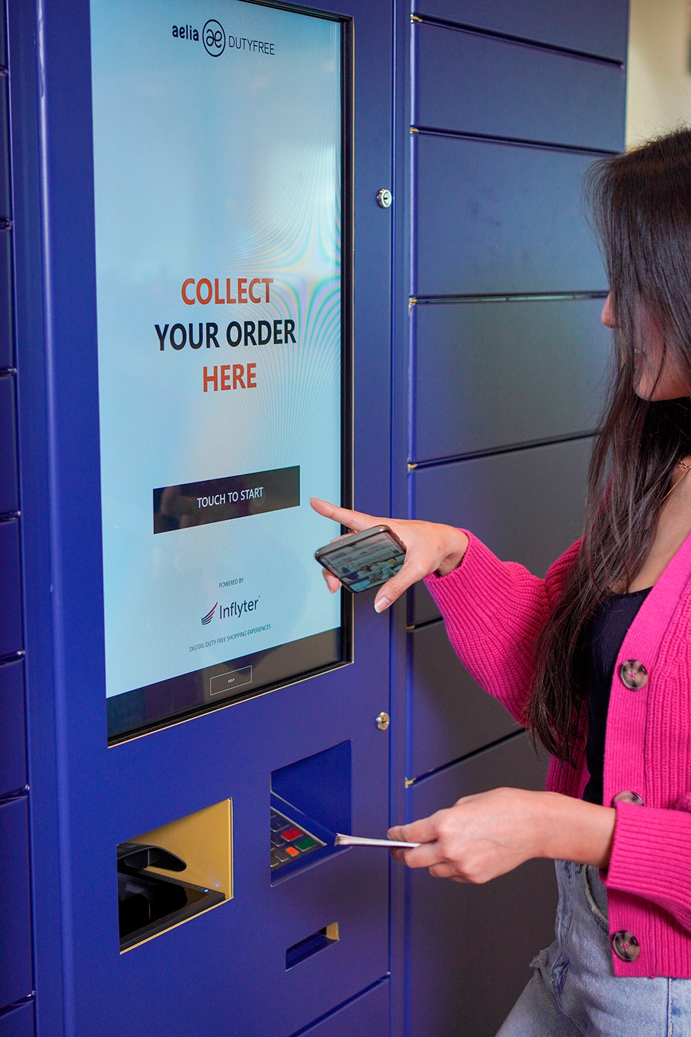 Customer approaching the locker, tapping Touch to Start on the screen